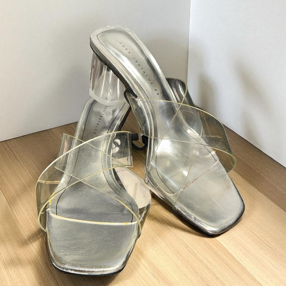 Zara Trafaluc Transparent Silver Criss-Cross Straps Slide Sandals size 9